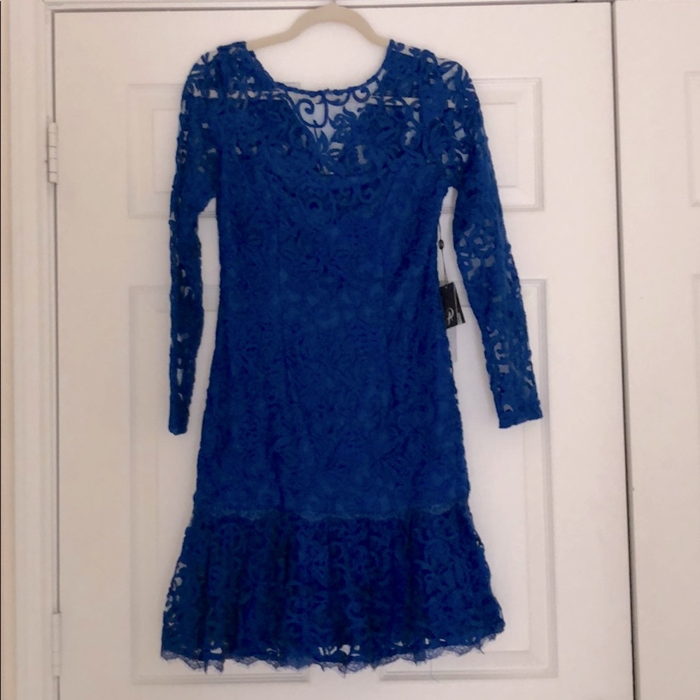 Cobalt blue knee length lace flounce dress